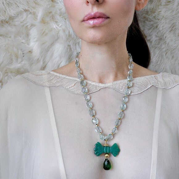 14KGold Filled Green Amethyst & Aventurine Ribbon Knotted OOAK Necklace - Picture 4 of 7